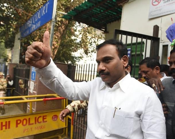 DMK leader and former union telecom minister A Raja with his supporters celebrating after the 2G case verdict by Patiala House Court. (Sonu Mehta/Hindustan Times via Getty Images)